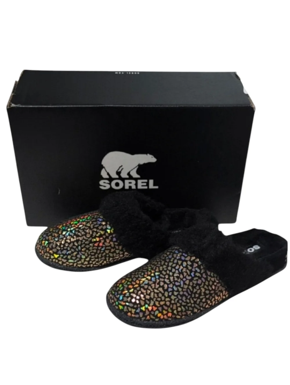 Sorel Nakiska Slide II Iridescent & Black Suede Slippers Youth Size 2